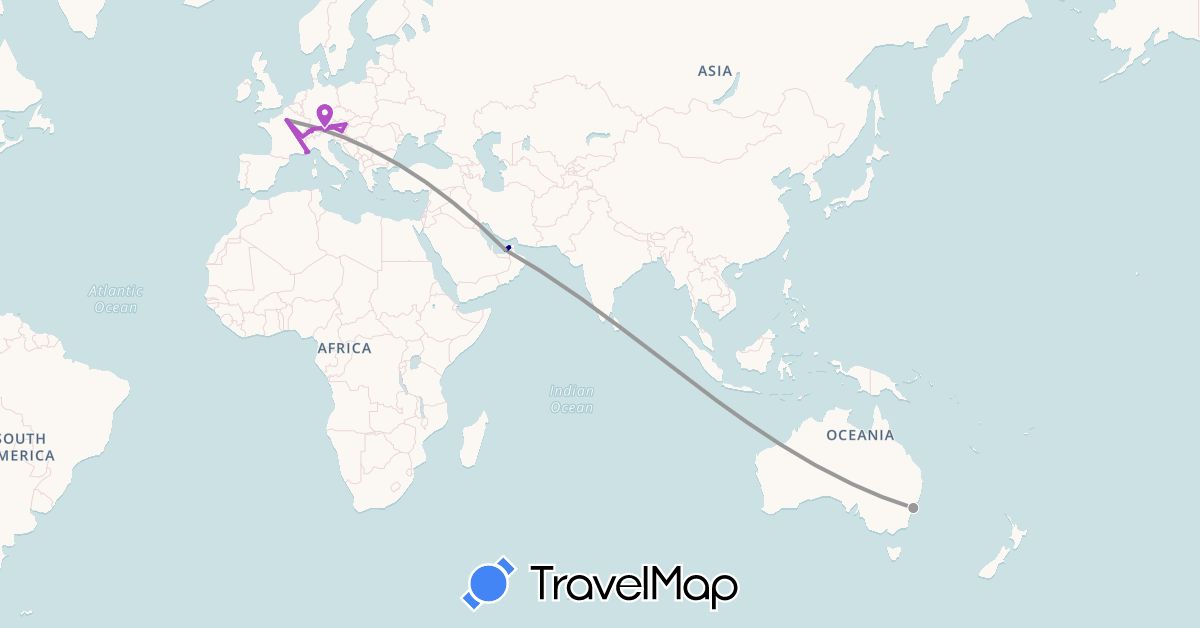 TravelMap itinerary: driving, plane, train in United Arab Emirates, Austria, Australia, Switzerland, Germany, France, Monaco (Asia, Europe, Oceania)